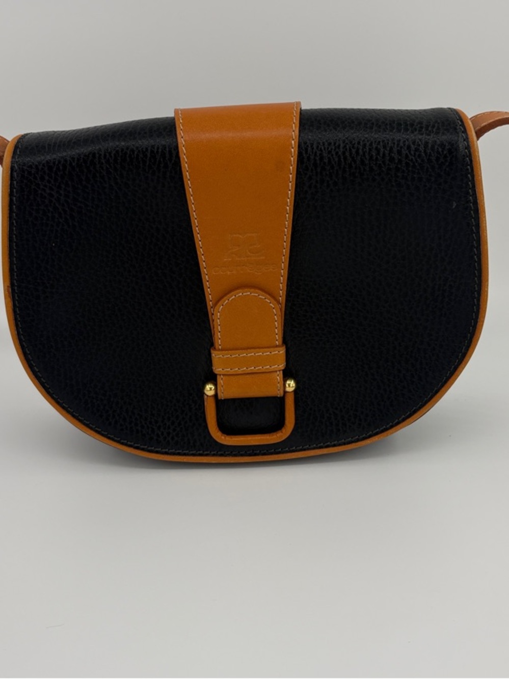 Vintage Courreges Paris Pebbled Crossbody with Tan Strap and Trim